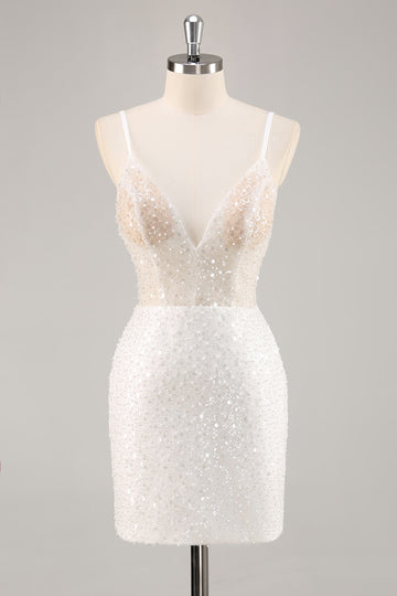 White Bodycon V Neck Mini Graduation Dress With Sequins